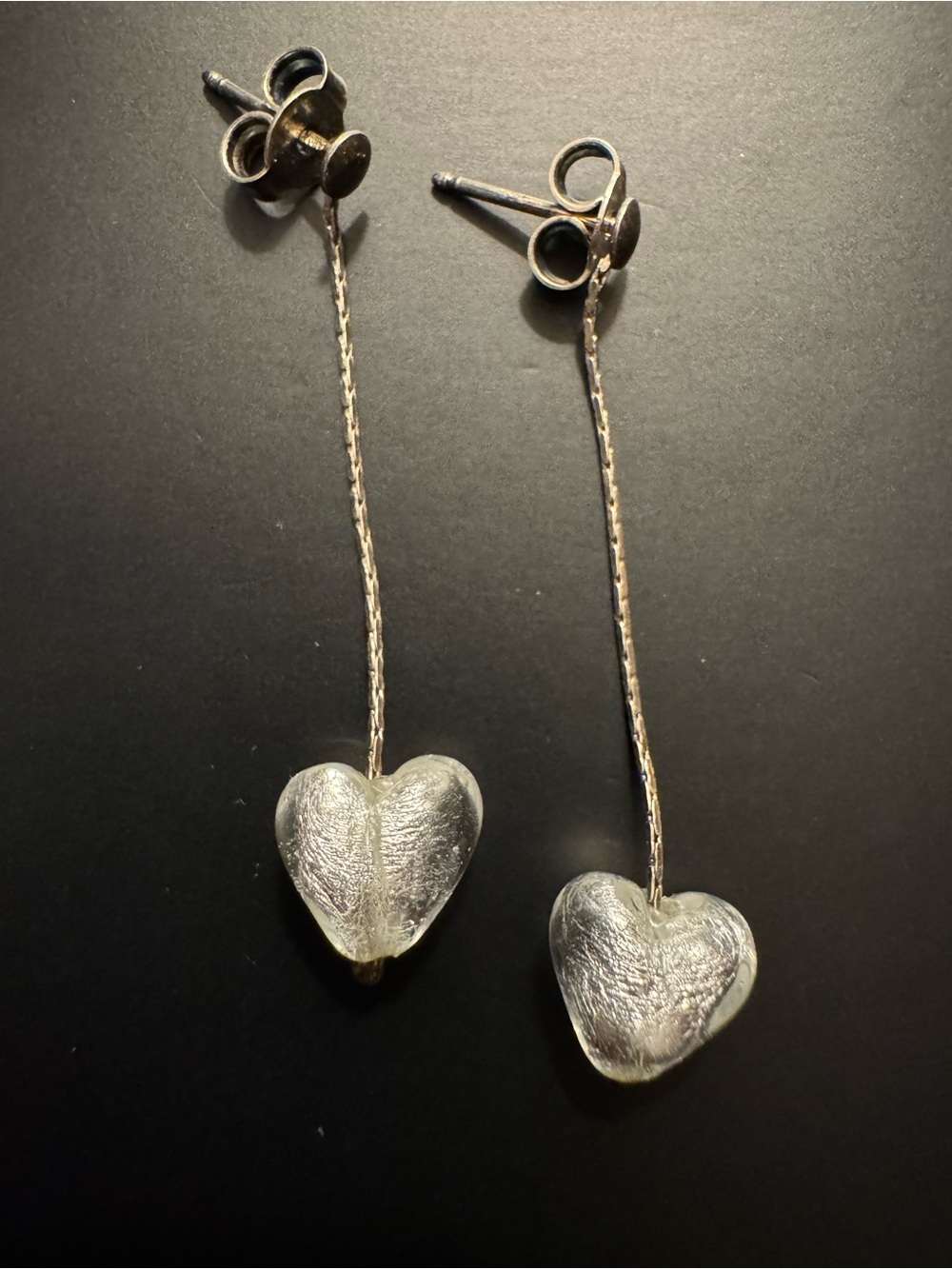 Sterling Silver Silver Foil Art Glass Heart Dangle Earrings